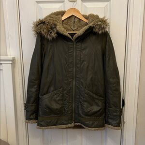 BCBGMaxAzria olive zip coat with Faux Fur hood